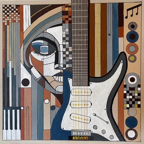 Girl with electric guitar, acrylic graphic painting, geometric cubism